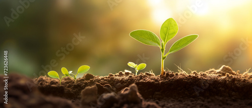 Seedling are growing from the rich soil with morning sunlight. Earth day, Development, Green business, Net Zero, Finance and saving money for sustainability investment. Banner design