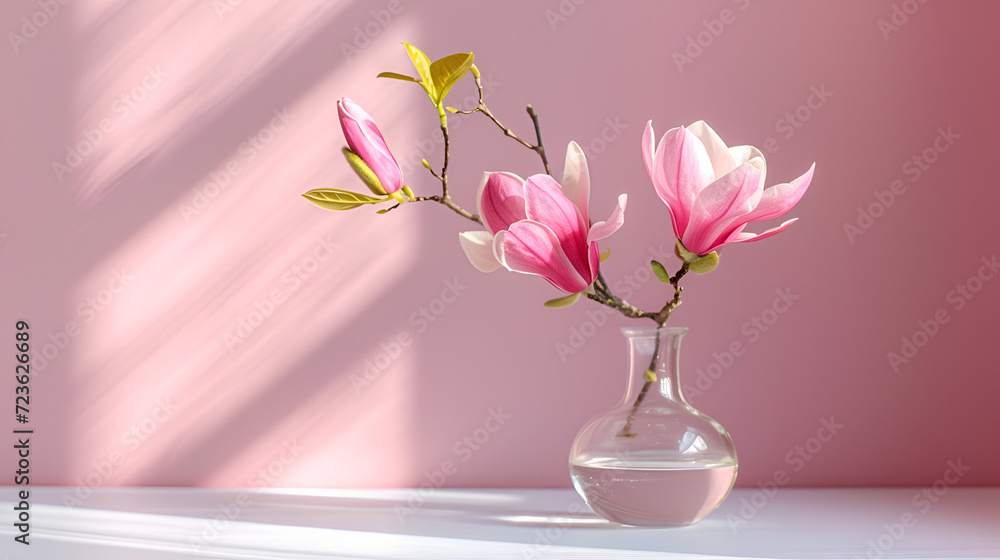Beautiful pink magnolia flower in transparent glass vase, copy space, generative ai