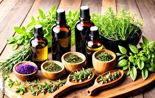 a variety of fresh herbs and ancient oils being made into medicine