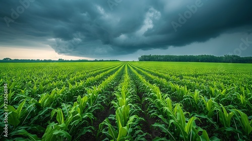 A lush green cornfield under a dramatic stormy sky with vivid contrasts