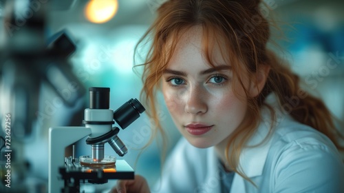 Young Female Scientist Engaged in Microscope Research in a Modern Laboratory Setting