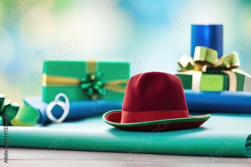 red hat christmas gift box with on green blur backgroumd  photo