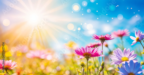 Colorful flower meadow with sunbeams and blue sky