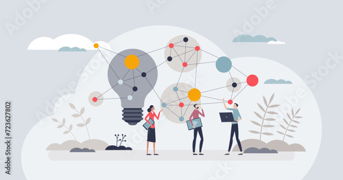 Virtual brainstorming and digital business teamwork tiny person concept. Online meeting and thinking creative ideas for company vector illustration. Use internet technology for distant communication. photo