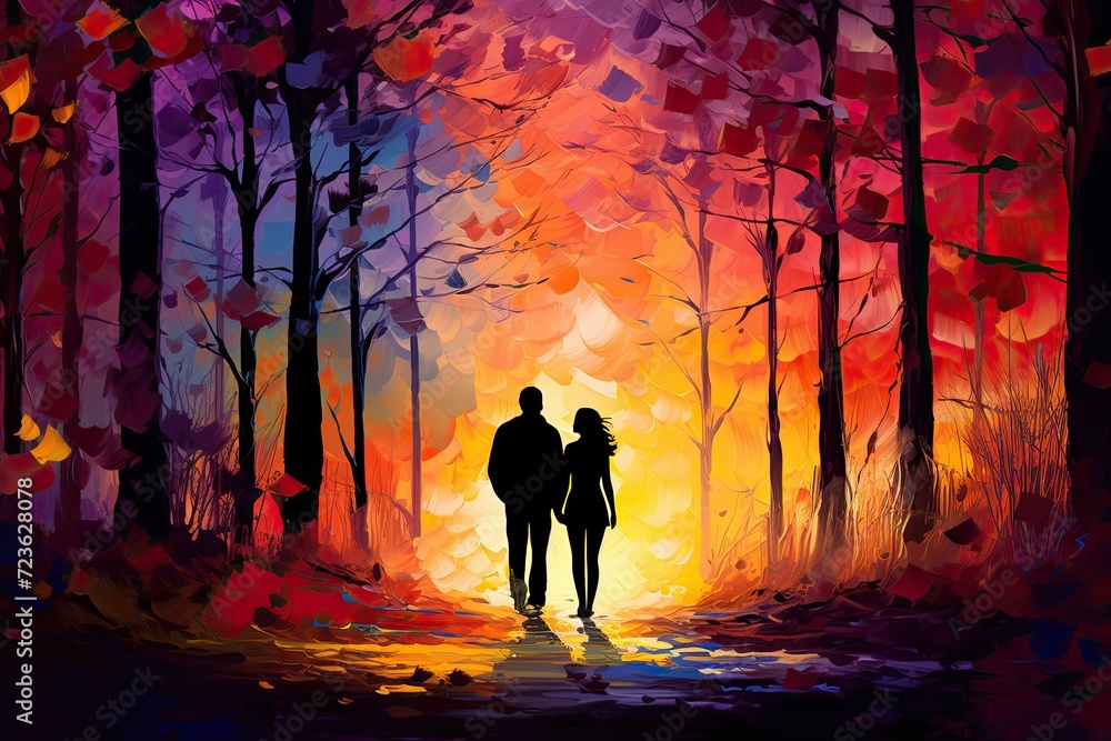 A Couple's Romantic Walk through a Colorful Autumn Forest