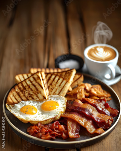 Cozy Breakfast in a Rustic Coffee Shop - Toasts, Eggs, Bacon, and Coffee