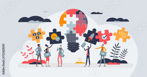 Collaborative brainstorming tools for new creative ideas tiny person concept. Teamwork communication as effective management vector illustration. Business innovations with cooperation and partnership