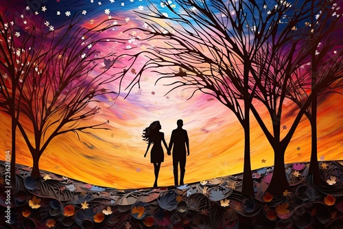 A couple embracing under the stars at sunset photo