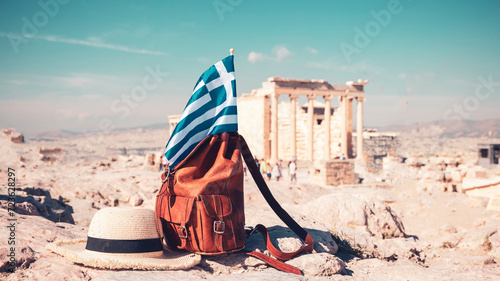 travel destination, tour tourism, vacation in Greece- Greek flag and bag in Parthenon, Athens