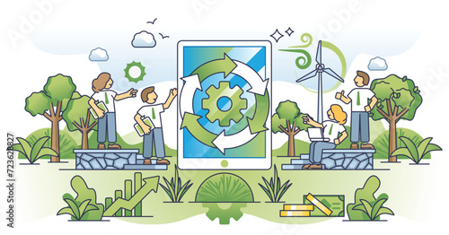 Corporate sustainability software or continuous manufacturing analysis outline concept. Energy from green, ecological and recyclable resources to reduce emissions from business vector illustration.