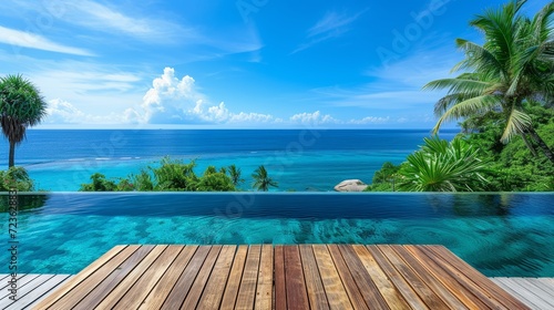 Luxurious infinity pool with a serene ocean view surrounded by tropical foliage © sopiangraphics