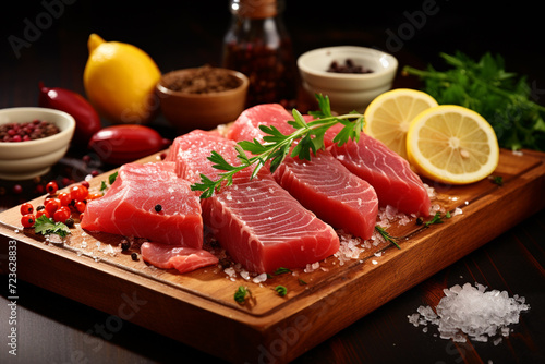 pieces of fresh tuna on a wooden board with spices and herbs