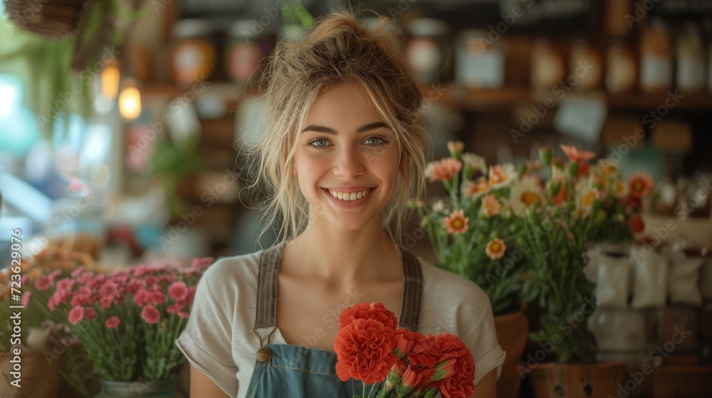 Woman Holding a Bunch of Flowers in a Flower Shop