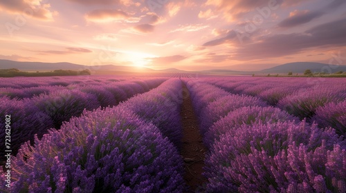 Sunset over a sprawling lavender farm with rows of purple blooms.