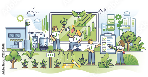Corporate sustainability software for ecological analysis outline concept. Energy recycling and business emissions storage as nature friendly solution to reduce factory pollution vector illustration.