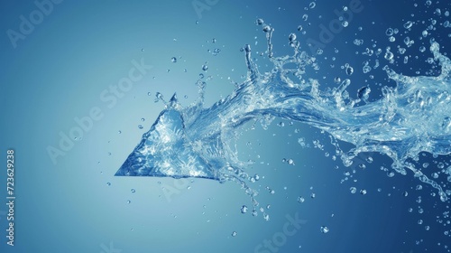 Clear water splash in form of arrow. Transparent liquid on blue background