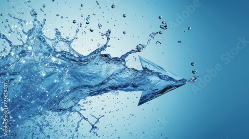 Clear water splash in form of arrow. Transparent liquid on blue background