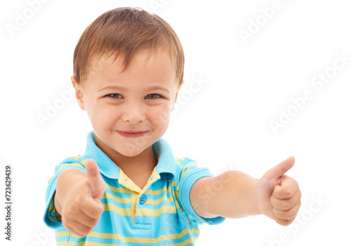 Boy kid, thumbs up and studio portrait with smile, choice and vote for agreement by white background. Child, model or person in trendy fashion with sign, symbol and icon for yes, thank you or like