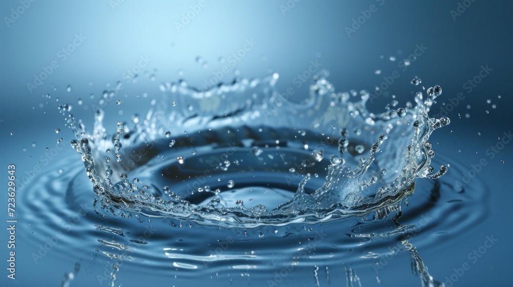 Clear water splash in form of circle. Transparent liquid on blue background
Clear water splash in form of circle. Transparent liquid on blue background