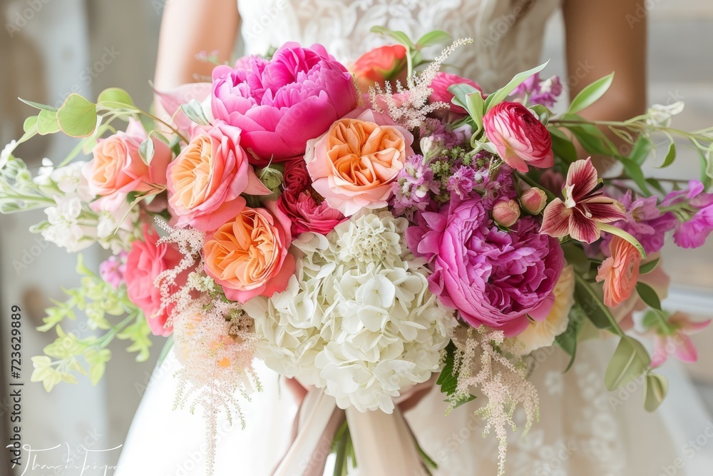 A bride holding a bouquet of colorful flowers including pink, orange, and white roses, peonies, and hydrangeas.