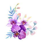 A small bouquet of pink orchids and tropical leaves, for decor and design