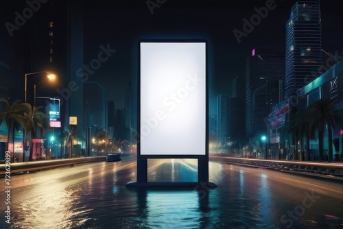 Blank poster Billboard. Captivating Street Sized Billboard, digital screen advertising banner in the super futuristic city in wet condition