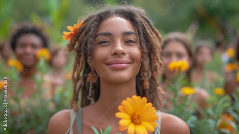 Woman With Dreadlocks Standing in a Field of Flowers Woman With Dreadlocks Standing in a Field of Flowers