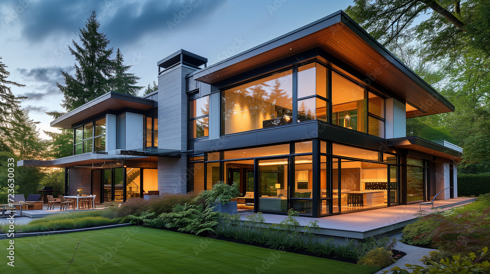 Modern house with warm dusk glow. Modern house with warm dusk glow.