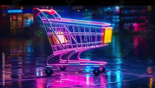 Retail and commerce concept with shopping cart business sales and marketing. Online shopping and e commerce cart technology. Empty supermarket representing discount purchase and retail trade