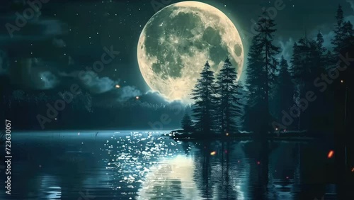 Silent Night Landscape with Super Moon, Dark Forest, Stars and Water Reflection. Cartoon or Anime Illustration Style. Seamless Looping 4 K Time-Lapse Animation Background photo