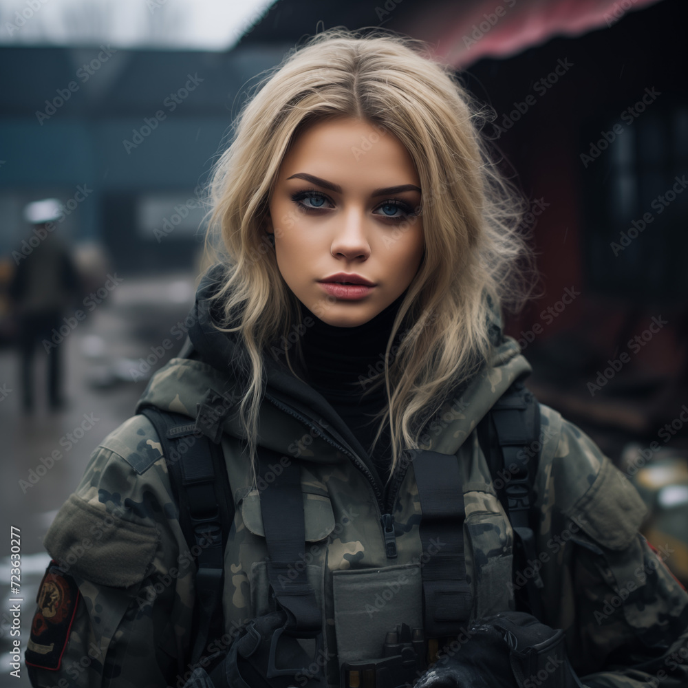 Portrait of a Ukrainian female soldier in uniform, symbolizing strength, resilience, and pride, with an expression of bravery and commitment to national defense. Portrait of a Ukrainian female soldier in uniform, symbolizing strength, resilience, and pride, with an expression of bravery and commitment to national defense.