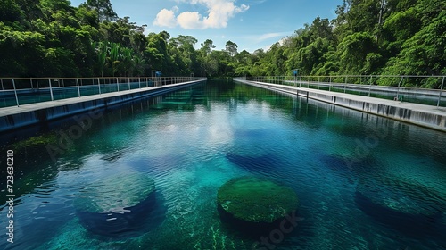 Serene water aeration system in a clear pond at a lush green park with mountain backdrop