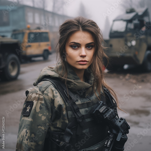 Portrait of a Ukrainian female soldier in uniform, symbolizing strength, resilience, and pride, with an expression of bravery and commitment to national defense. © Aleksandra
