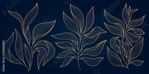 Vector gold leaf background pattern, floral abstract luxury art deco design. Premium elegant jungle line illustration. Fancy tropic summer ornament.