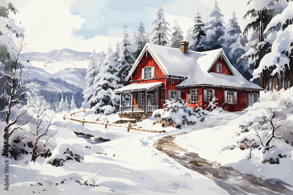 Watercolor winter landscape with house and pine trees Pro Vector
