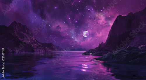 stunning purple night sky over a tranquil lake surrounded by majestic mountains under the glistening moonlight