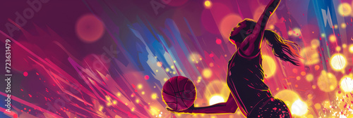 Illustration of a woman playing basketball with vibrant colors and action. Isolated on a copyspace background © JuanM