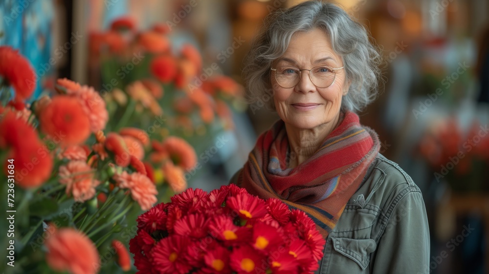 Elderly Woman Holding a Bouquet of Colorful Flowers in a Garden Elderly Woman Holding a Bouquet of Colorful Flowers in a Garden