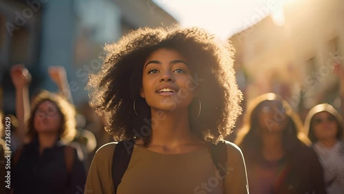 A young woman leads a movement against gender inequality, her light brown skin glowing in the afternoon sun. Her tightly coiled black hair completes the fierce image she portrays a lady photo