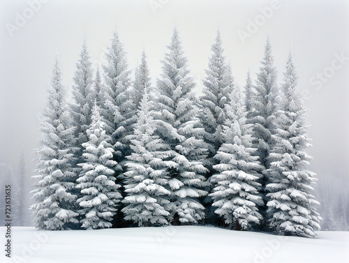 Frosty Winter Forest: Snow-Covered Pine Trees and Nature Scene, Perfect for Seasonal Beauty and Christmas Themes