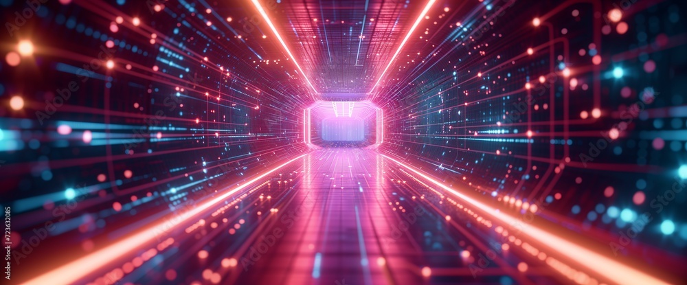 Naklejka premium Neon Tech Data Tunnel Leading to Processor
