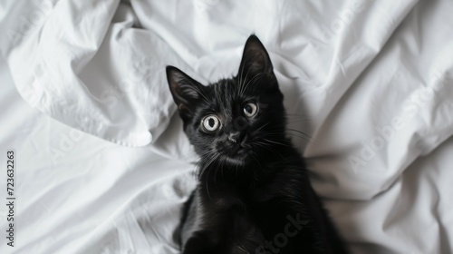 A black cat sitting on top of a bed