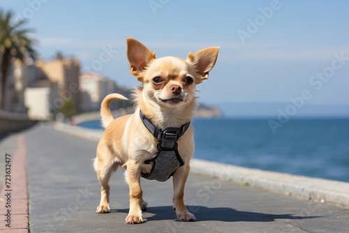 dog standing on the road against the sea © HMMR