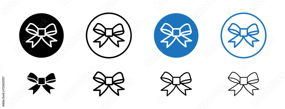 Bow Line Icon Set. Christmas Gift Ribbon Symbol in Black and Blue Color.