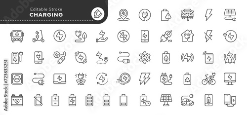 Set of line icons in linear style. Series - Charging. Charger, electronic charging, charge devices.Outline icon collection. Pictogram and infographic. Editable stroke.