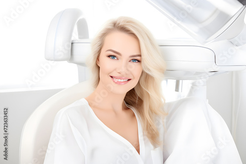 Woman with Radiant Smile at Dental Clinic. Generative AI