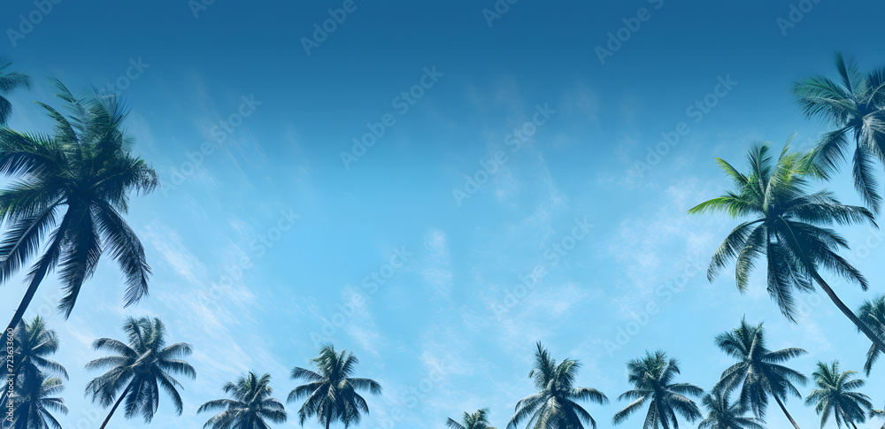 Fototapeta premium Palm trees on a Mexican beach during summer, create a vacation dadcore vibes. Scene with several palm trees against a weathercore blue horizon, nature-based patterns from a low angle perspective.