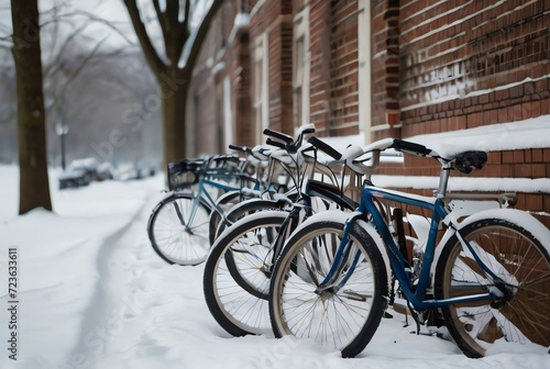 A row of bicycles parked in the snow for winter-themed designs and outdoor activities from Generative AI