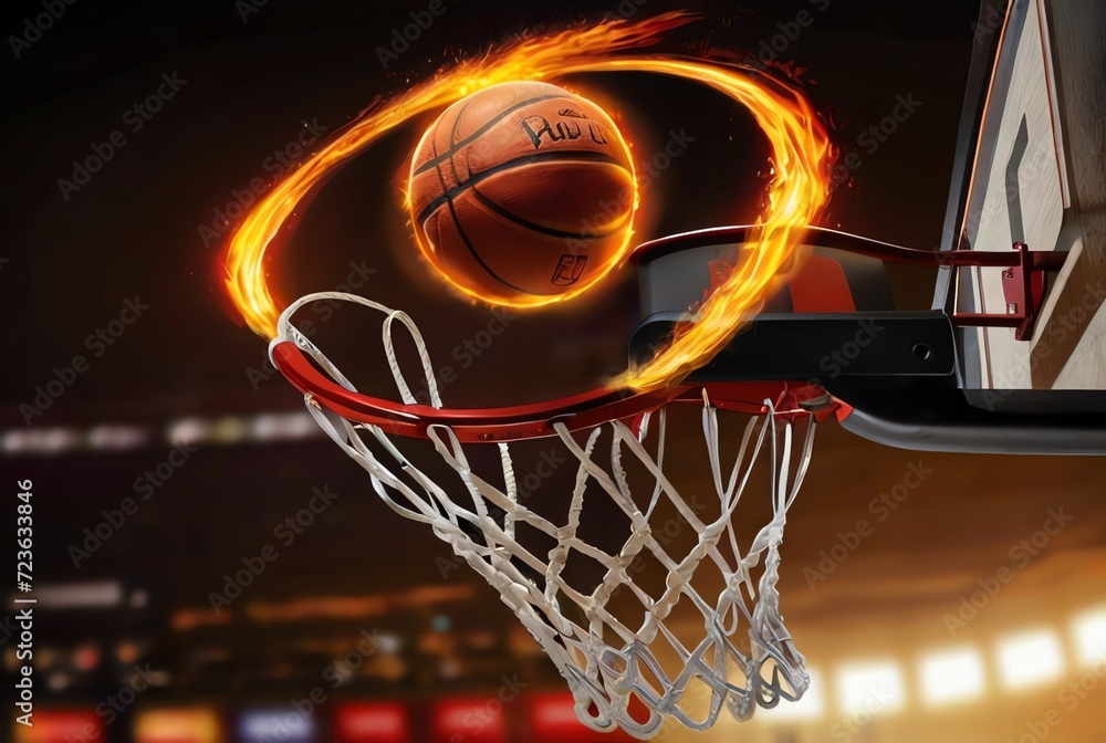 Fiery basketball ball flying into the basket from Generative AI