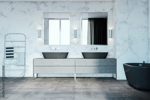 Contemporary concrete and wooden bathroom interior with various objects. 3D Rendering.